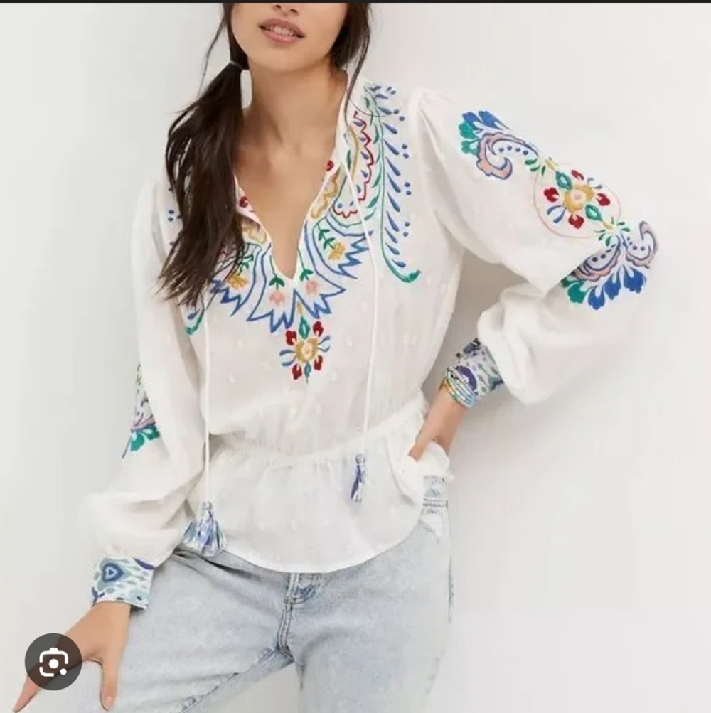 Anthropologie White Peasant Blouse with Multicolor Embroidery